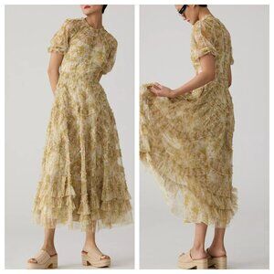 Mac Duggal Floral Mesh Tiered Ruffle Midi Dress